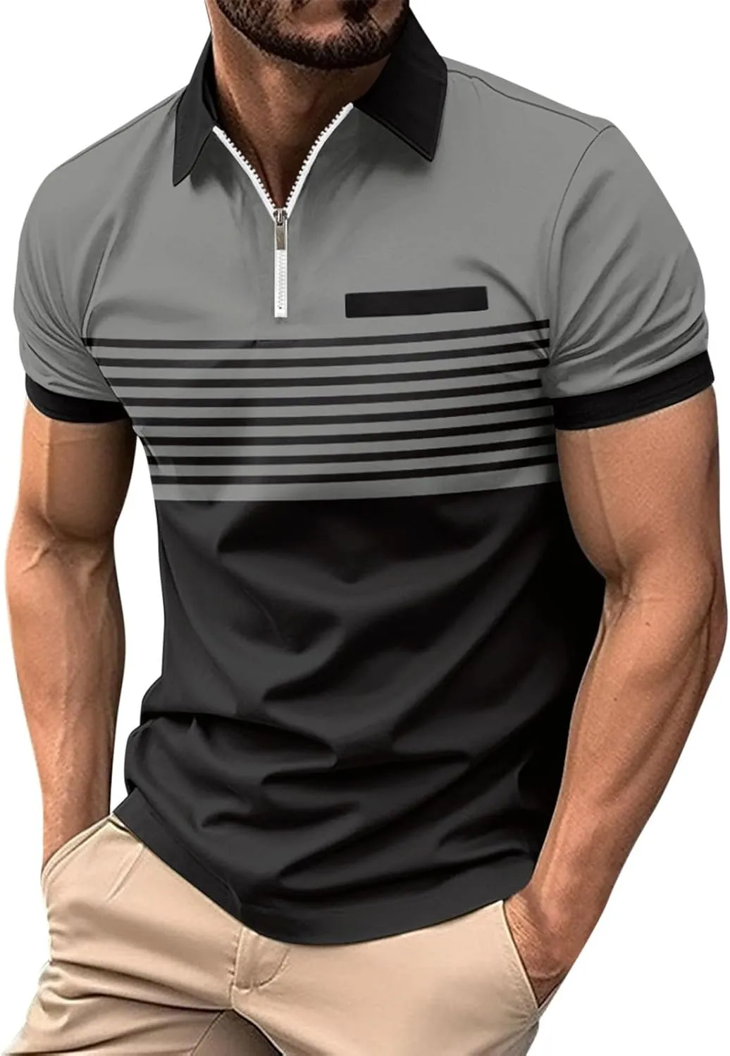 Mens Striped Polo Shirts Short Sleeve Button Up T Shirts for Men Summer Bussiness Leisure Shirts Golf Tops