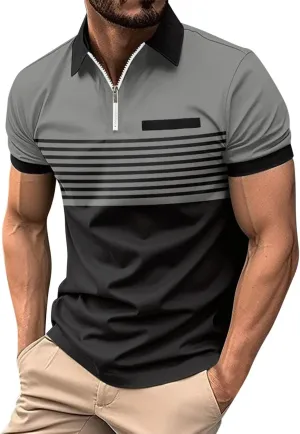 Mens Striped Polo Shirts Short Sleeve Button Up T Shirts for Men Summer Bussiness Leisure Shirts Golf Tops
