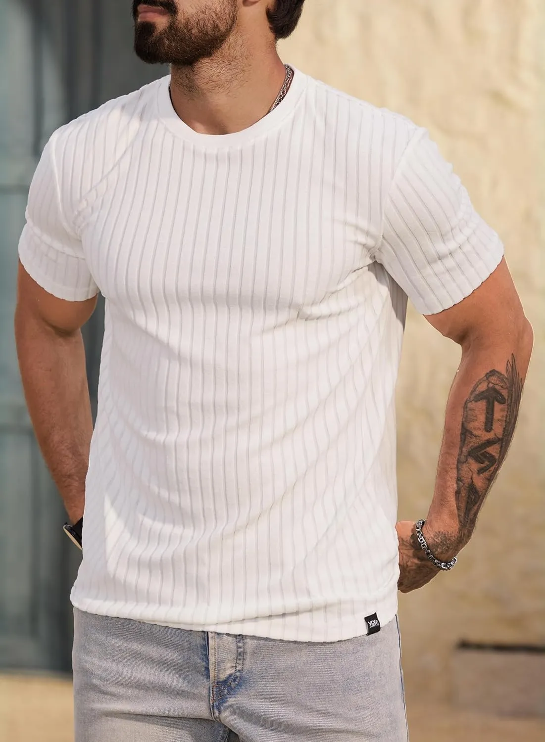 Mens Textured Shirts Casual Stretch T-Shirts Summer Crewneck Short Sleeve Tee Shirts (S-XXL)