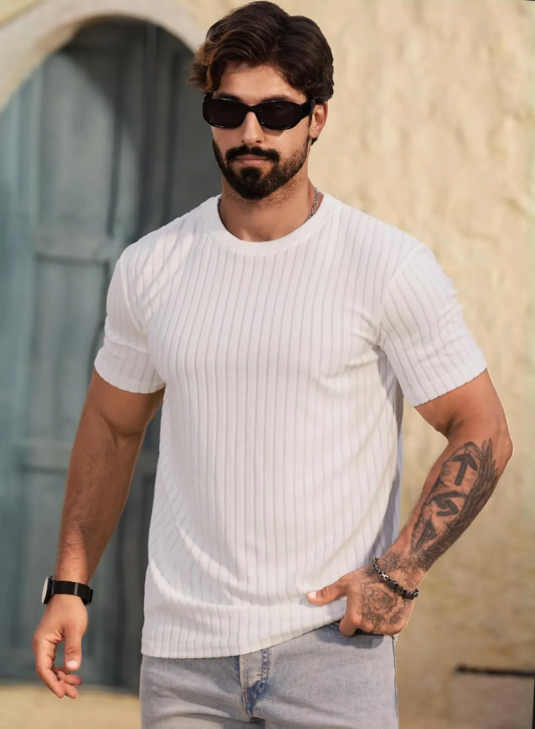 Mens Textured Shirts Casual Stretch T-Shirts Summer Crewneck Short Sleeve Tee Shirts (S-XXL)