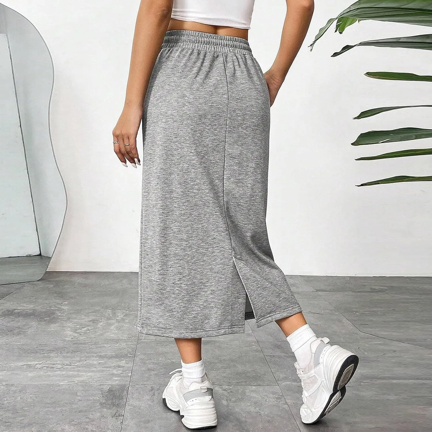 Midi Skirts for Women Elastic Waist Bodycon Sweat Skirts Drawstring Front Long Pencil Work Skirt with Pocket