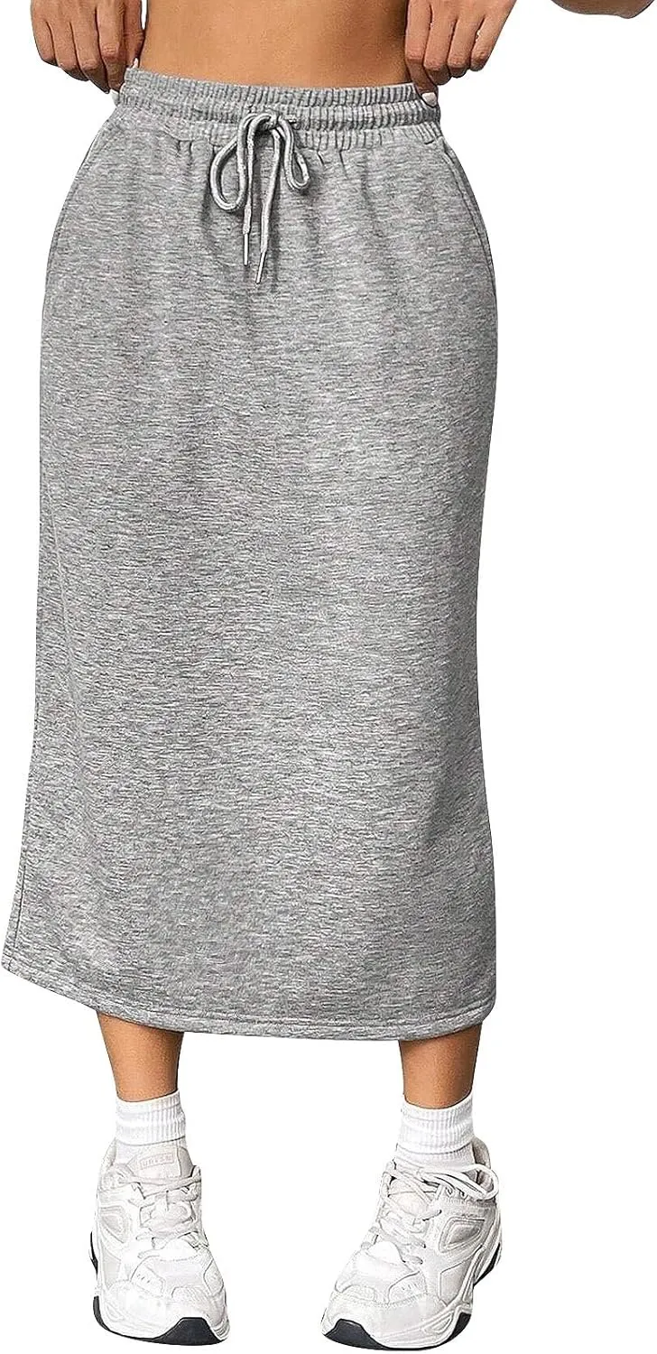 Midi Skirts for Women Elastic Waist Bodycon Sweat Skirts Drawstring Front Long Pencil Work Skirt with Pocket