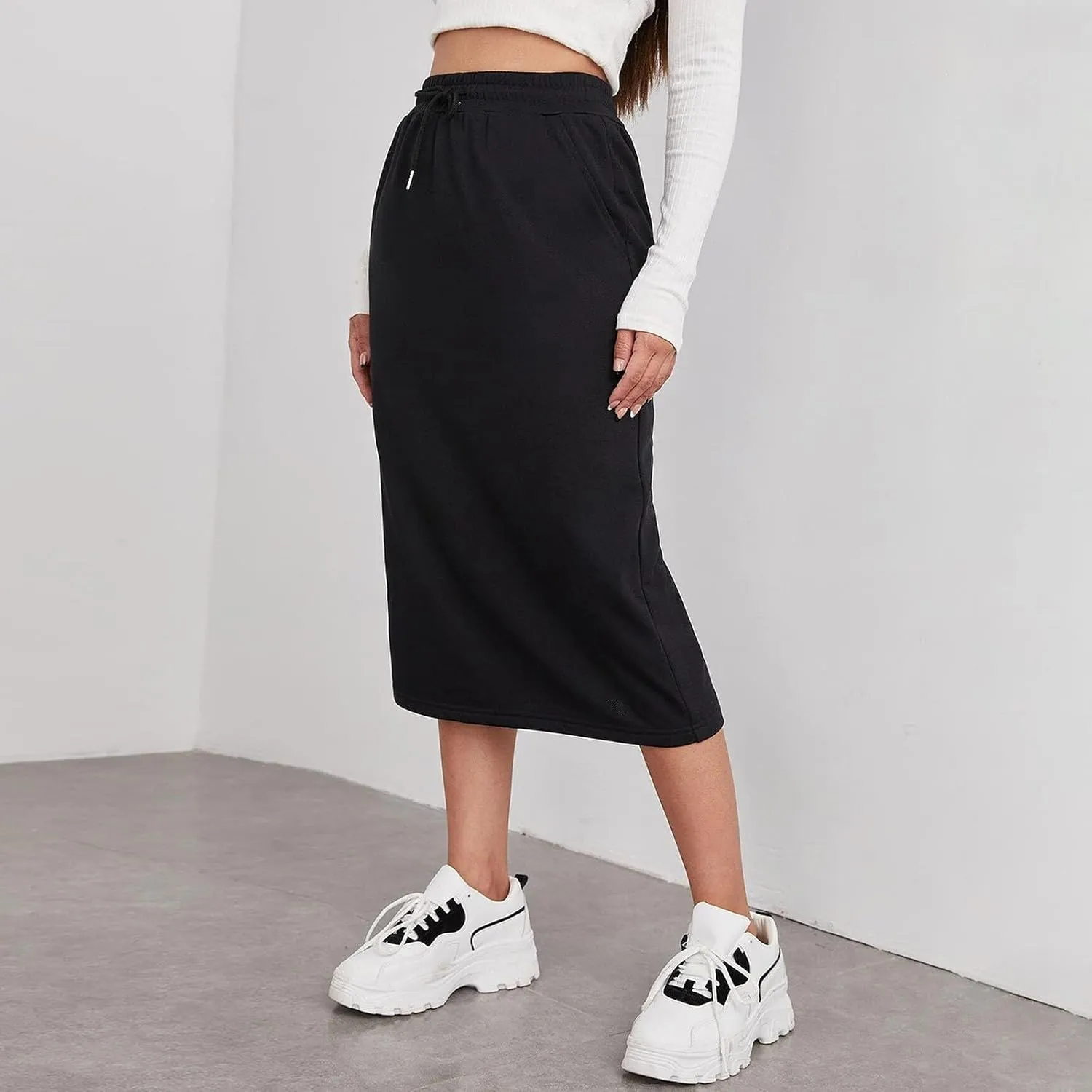 Midi Skirts for Women Elastic Waist Bodycon Sweat Skirts Drawstring Front Long Pencil Work Skirt with Pocket