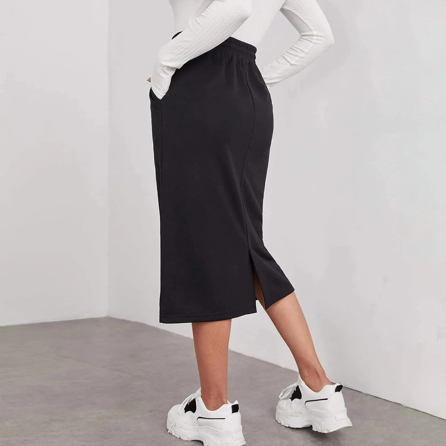 Midi Skirts for Women Elastic Waist Bodycon Sweat Skirts Drawstring Front Long Pencil Work Skirt with Pocket