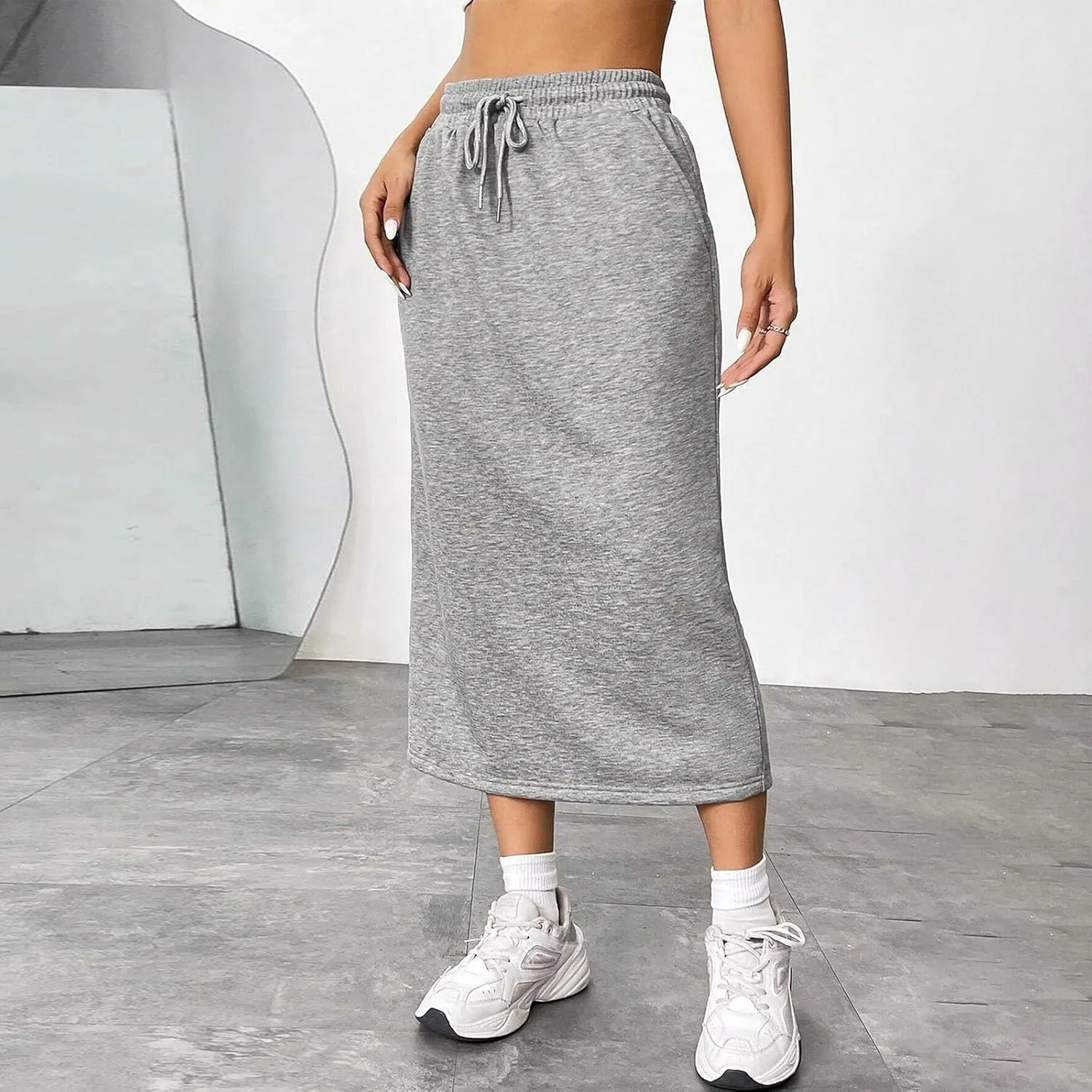 Midi Skirts for Women Elastic Waist Bodycon Sweat Skirts Drawstring Front Long Pencil Work Skirt with Pocket
