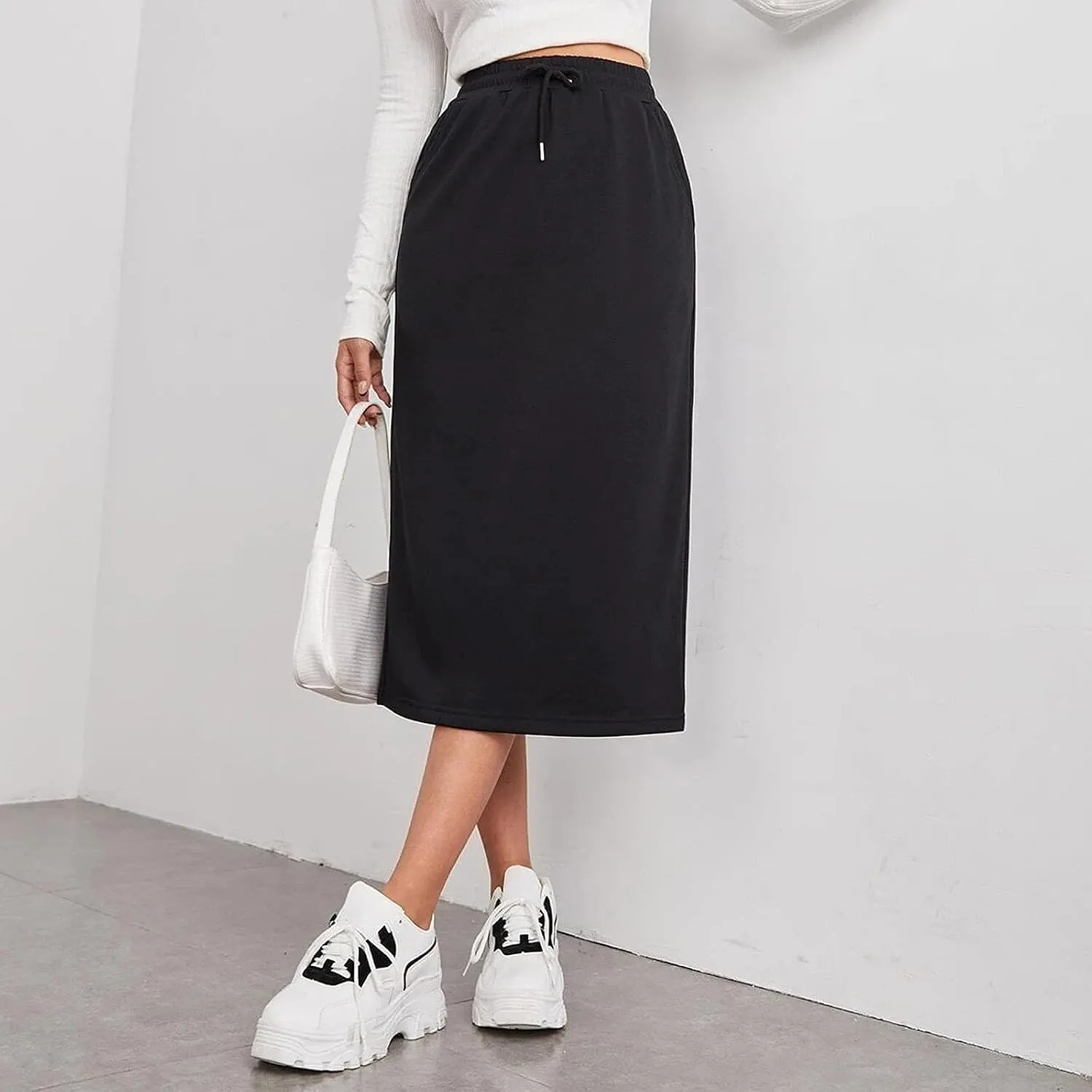Midi Skirts for Women Elastic Waist Bodycon Sweat Skirts Drawstring Front Long Pencil Work Skirt with Pocket