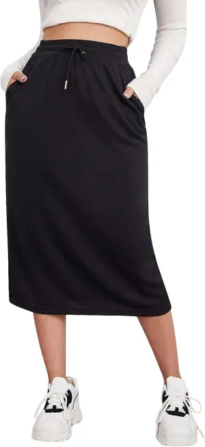 Midi Skirts for Women Elastic Waist Bodycon Sweat Skirts Drawstring Front Long Pencil Work Skirt with Pocket