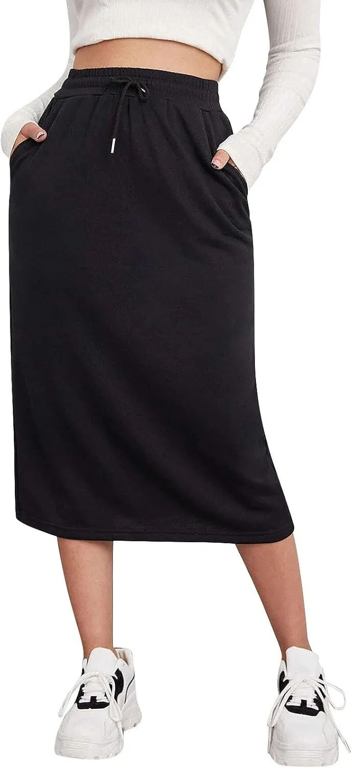 Midi Skirts for Women Elastic Waist Bodycon Sweat Skirts Drawstring Front Long Pencil Work Skirt with Pocket