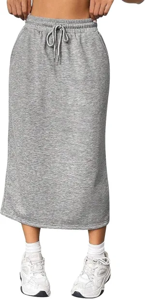 Midi Skirts for Women Elastic Waist Bodycon Sweat Skirts Drawstring Front Long Pencil Work Skirt with Pocket