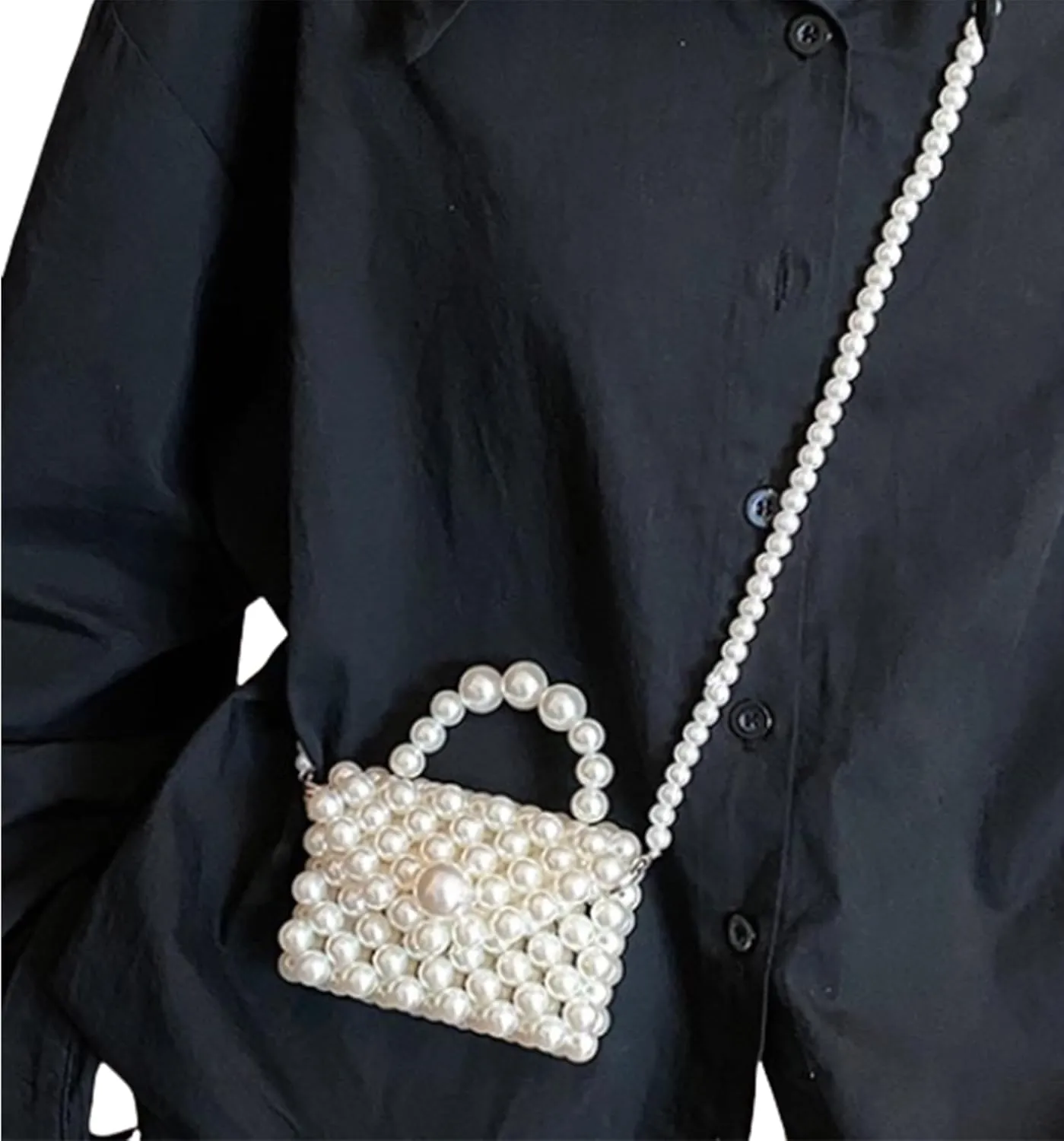 Mini White Pearl Purse for Girls Women Pearl Crossbody Handbag Shoulder Bag Beaded Clutch for Party