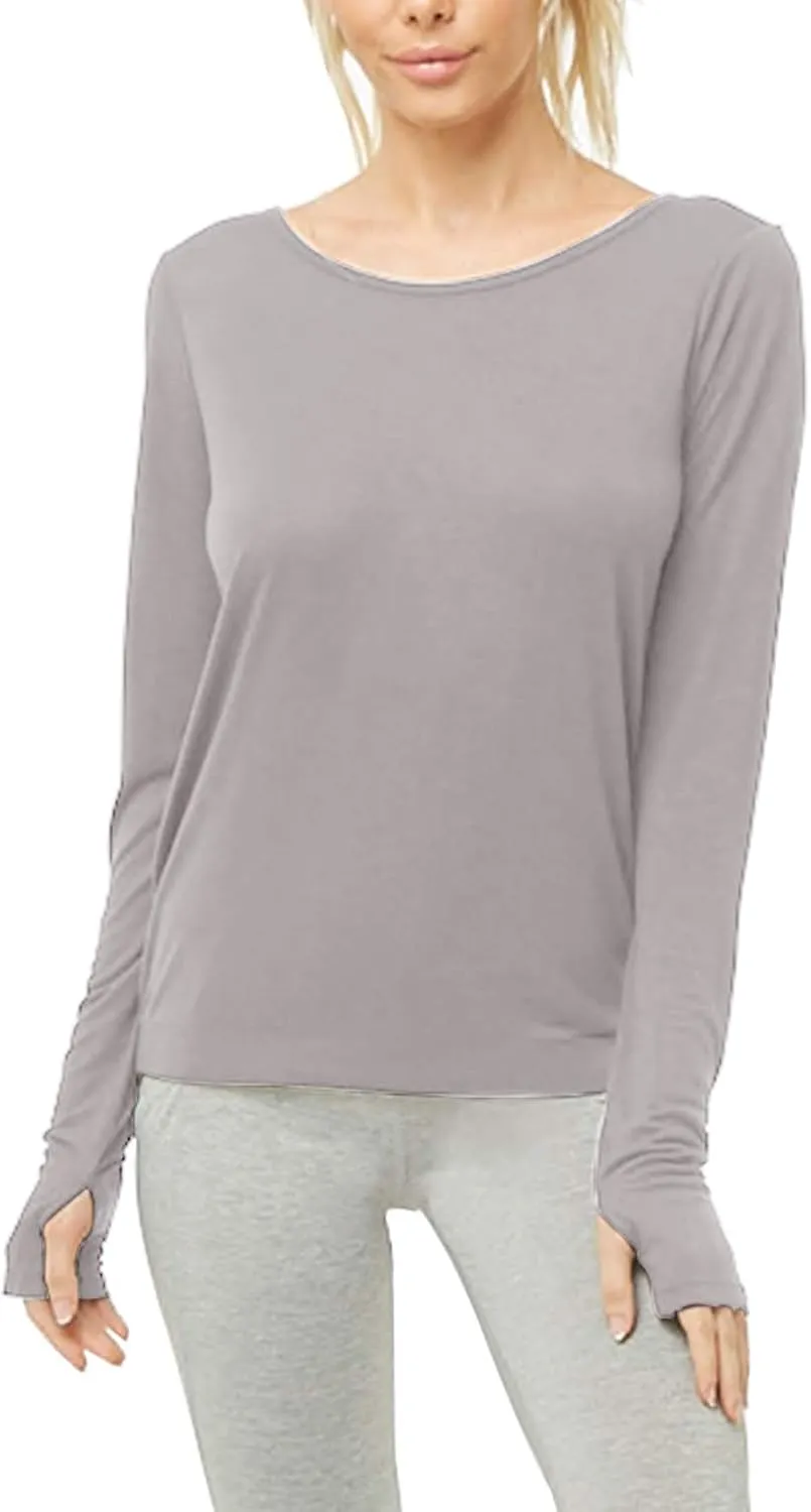 Muzniuer Women's Long Sleeve Open Back Workout Shirts Loose Backless Yoga Shirts Thumb Hole Shirts