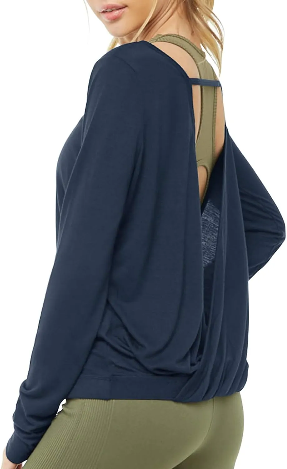 Muzniuer Women's Long Sleeve Open Back Workout Shirts Loose Backless Yoga Shirts Thumb Hole Shirts