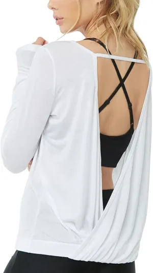 Muzniuer Women's Long Sleeve Open Back Workout Shirts Loose Backless Yoga Shirts Thumb Hole Shirts