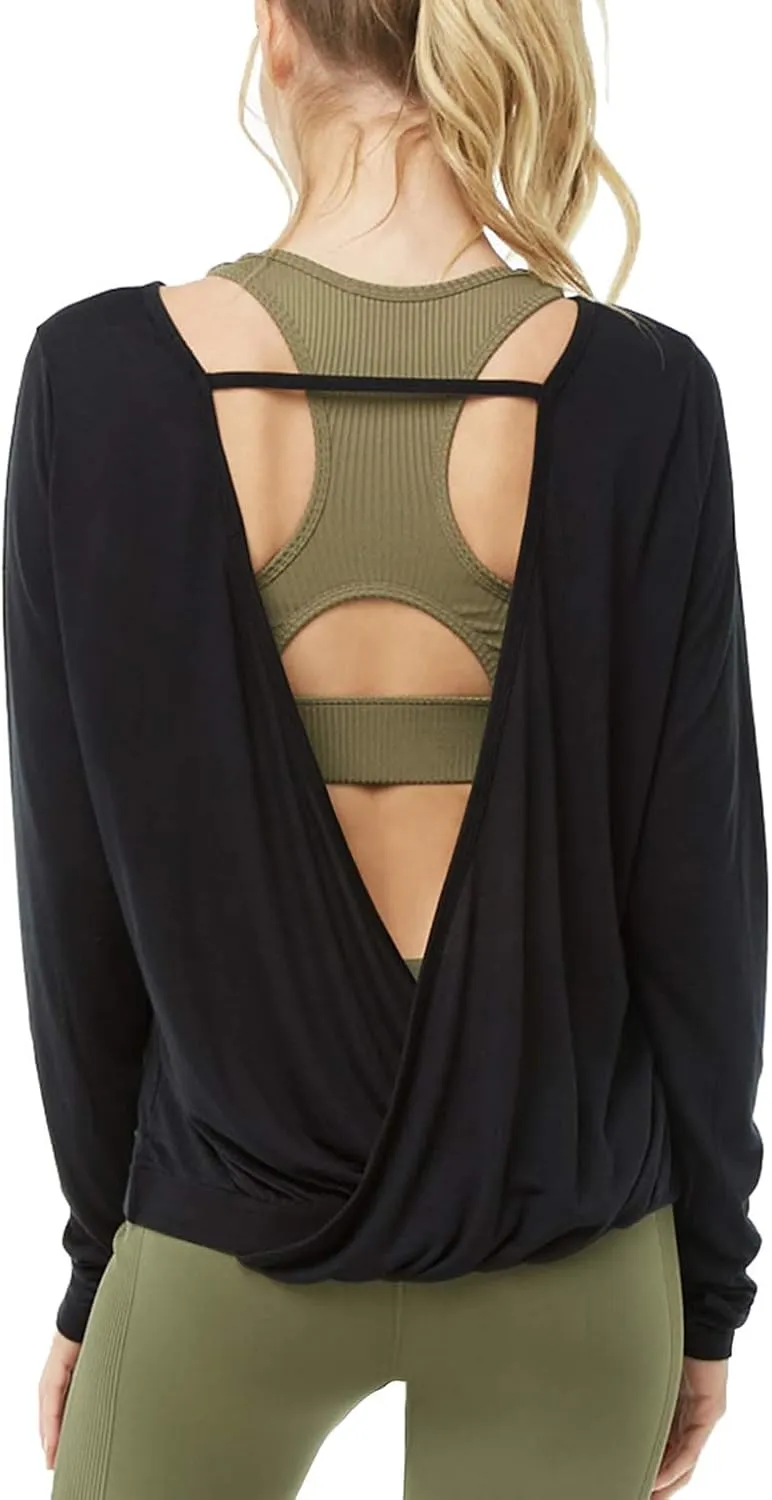 Muzniuer Women's Long Sleeve Open Back Workout Shirts Loose Backless Yoga Shirts Thumb Hole Shirts