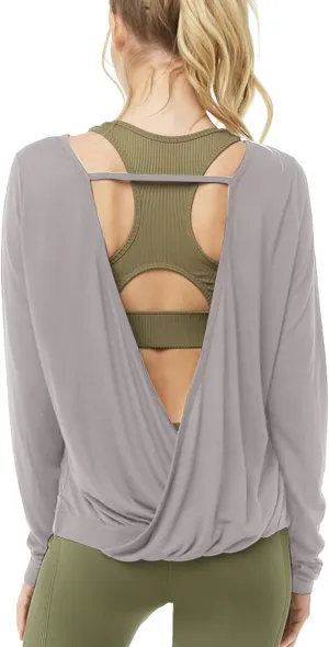 Muzniuer Women's Long Sleeve Open Back Workout Shirts Loose Backless Yoga Shirts Thumb Hole Shirts