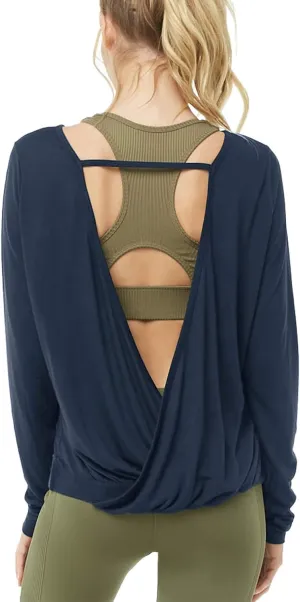 Muzniuer Women's Long Sleeve Open Back Workout Shirts Loose Backless Yoga Shirts Thumb Hole Shirts