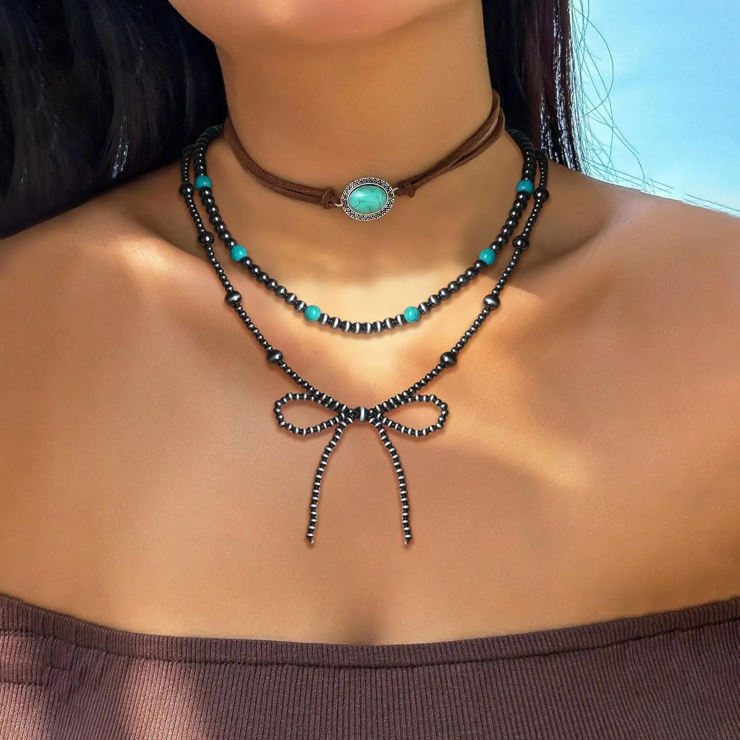 Navajo Pearl Bow Necklace Western Jewelry for Women Cowgirl Turquoise Necklaces Jewelry