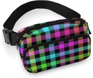 Neon Rainbow Plaid Fanny Packs for Women Men, Fashion Belt Bags Waist Pack Pouch Crossbody Bag with Adjustable Strap Sling Bag for Cycling Travel Running