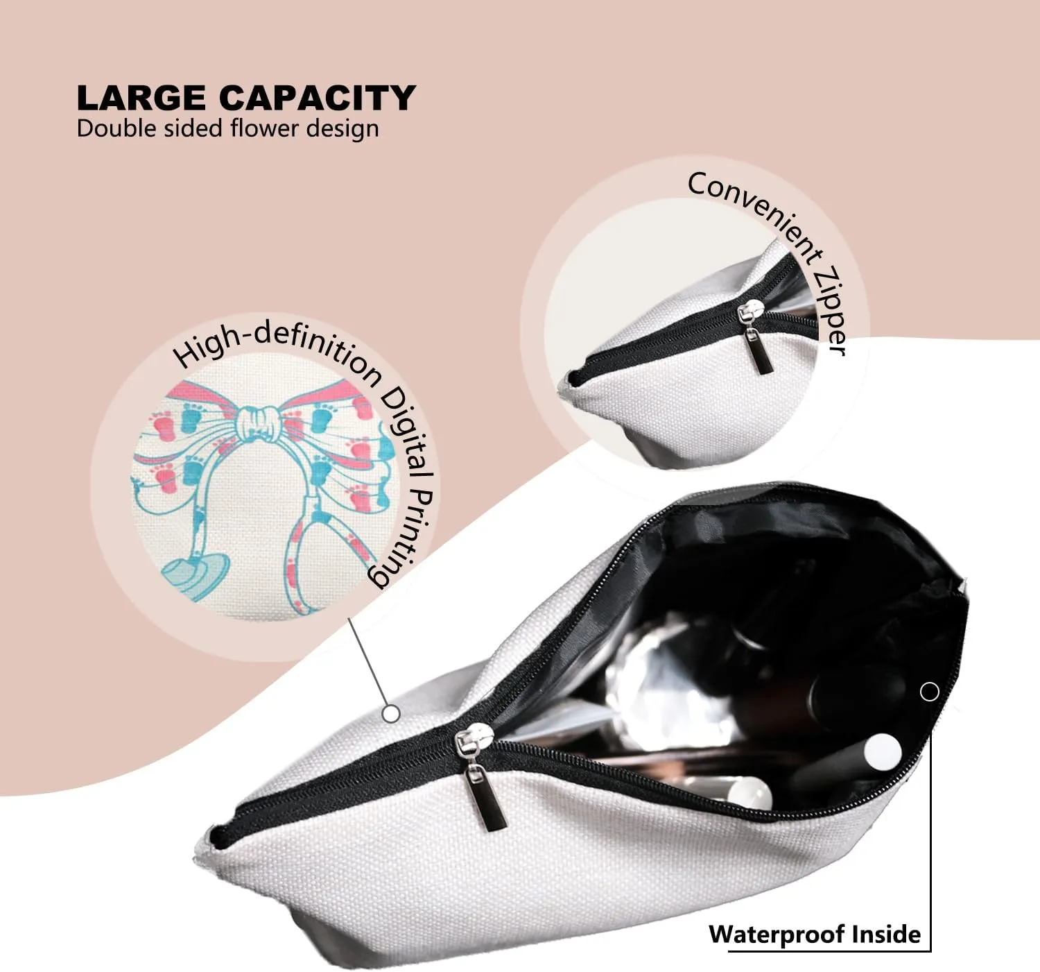 OB Nurse Bow Stethoscope Makeup Bag, Cute Baby Footprint Cosmetic Pouch, NICU Nurse Gift for Women, Delivery Appreciation Zip BagMidwife toiletry bag