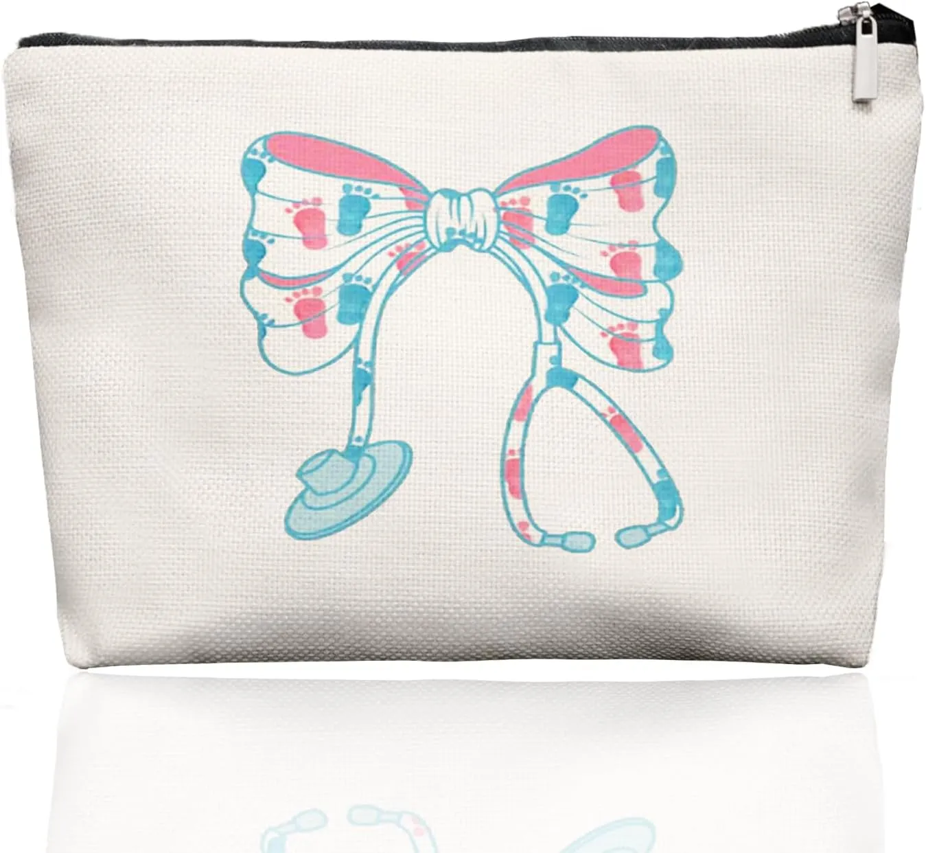 OB Nurse Bow Stethoscope Makeup Bag, Cute Baby Footprint Cosmetic Pouch, NICU Nurse Gift for Women, Delivery Appreciation Zip BagMidwife toiletry bag