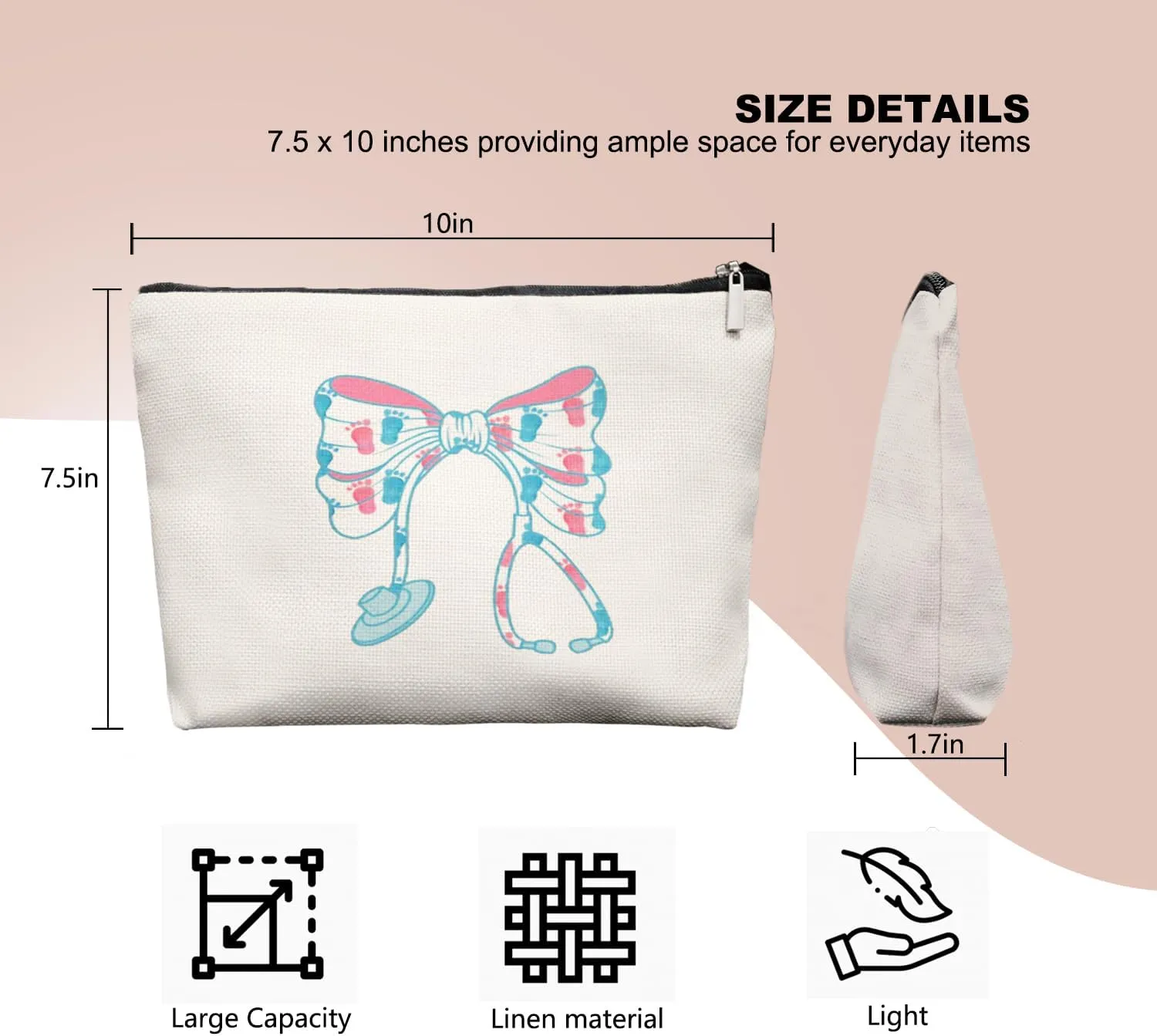 OB Nurse Bow Stethoscope Makeup Bag, Cute Baby Footprint Cosmetic Pouch, NICU Nurse Gift for Women, Delivery Appreciation Zip BagMidwife toiletry bag