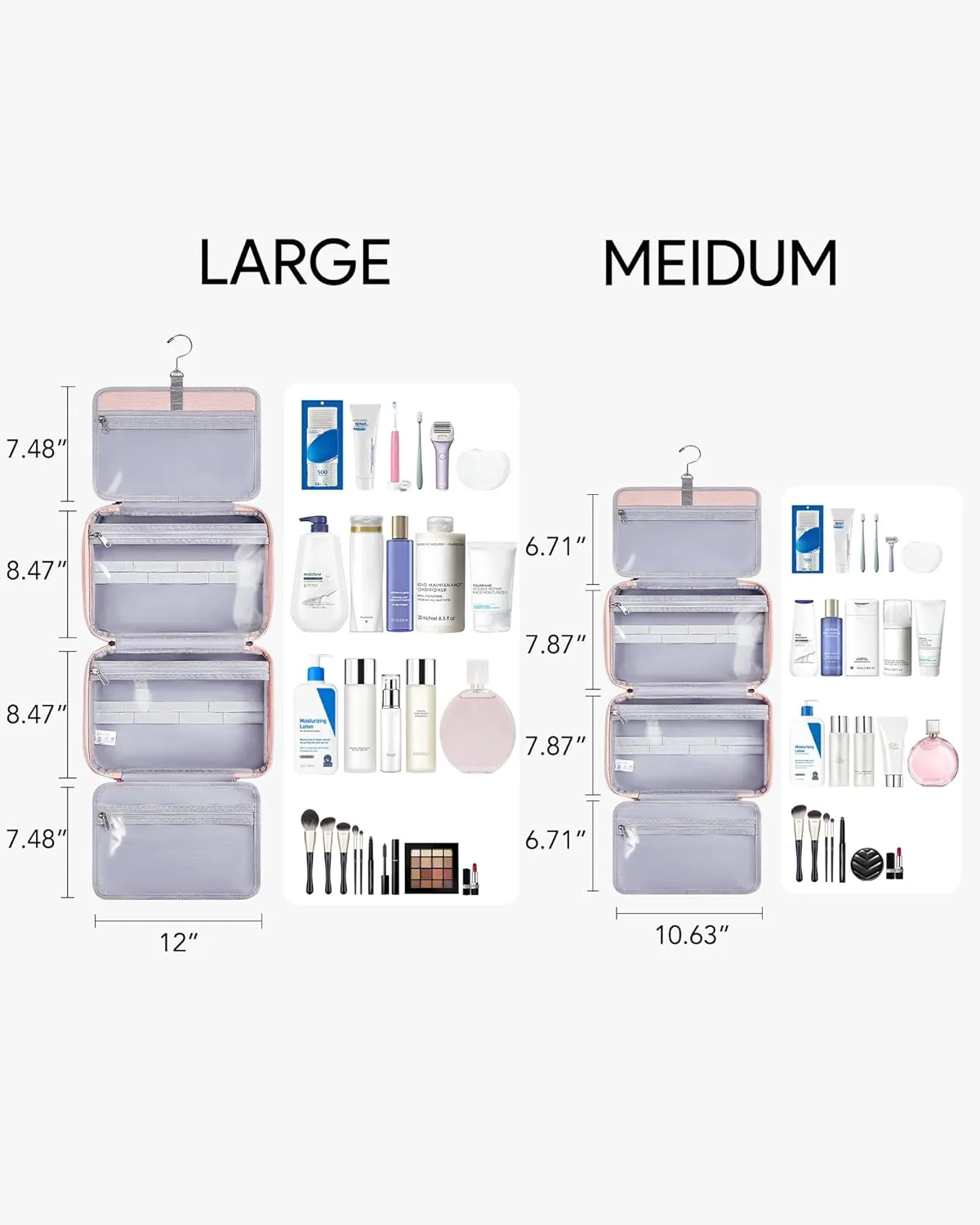 OlarHike Travel Toiletry Bag for Women, Hanging Waterproof Portable Organizer, 3 in 1 Cruise Essentials Packing Organizer, Makeup & Jewelry Storage, Cosmetic Travel-Sized Container, Medium Size, Pink