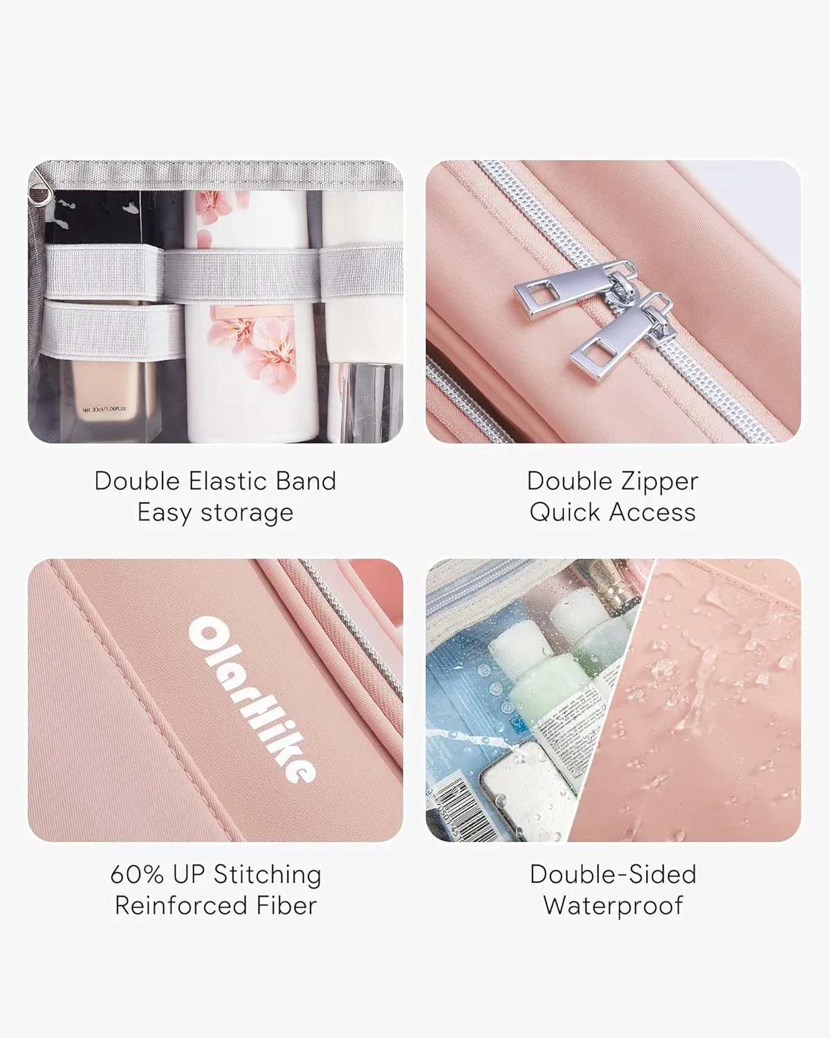 OlarHike Travel Toiletry Bag for Women, Hanging Waterproof Portable Organizer, 3 in 1 Cruise Essentials Packing Organizer, Makeup & Jewelry Storage, Cosmetic Travel-Sized Container, Medium Size, Pink