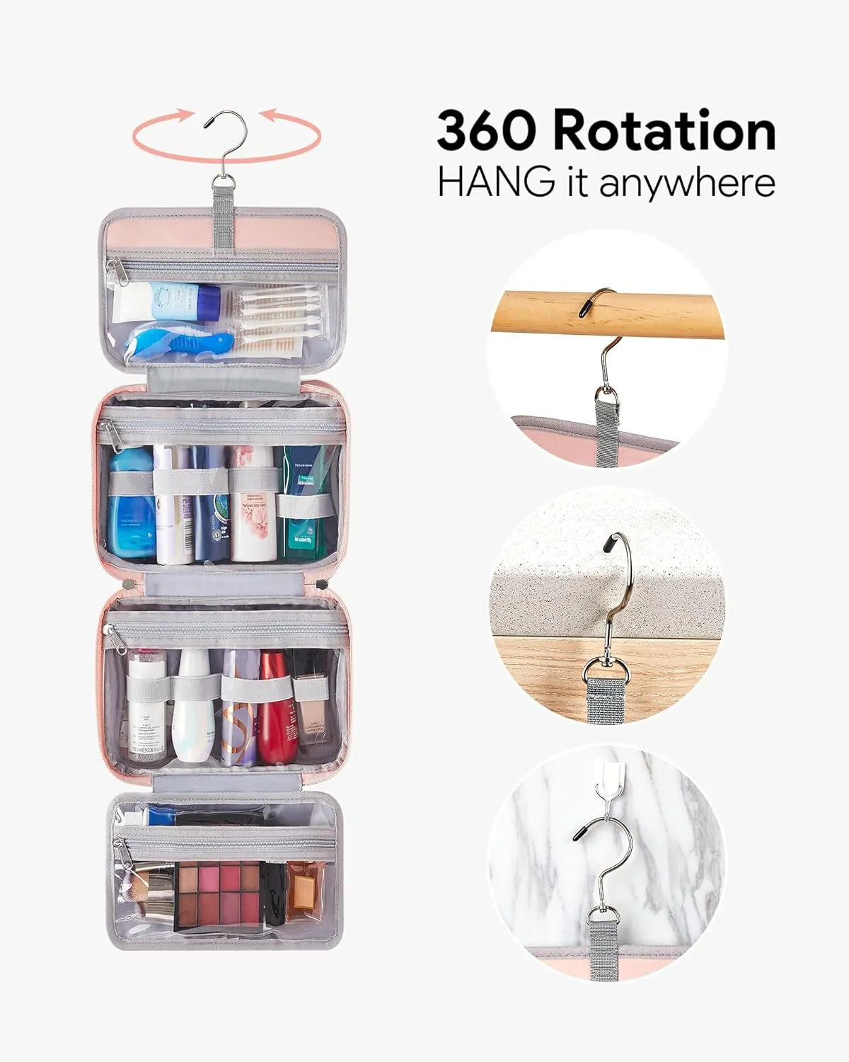 OlarHike Travel Toiletry Bag for Women, Hanging Waterproof Portable Organizer, 3 in 1 Cruise Essentials Packing Organizer, Makeup & Jewelry Storage, Cosmetic Travel-Sized Container, Medium Size, Pink