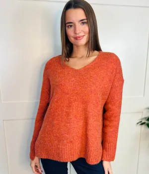 Orange V Neck Wool Blend Jumper