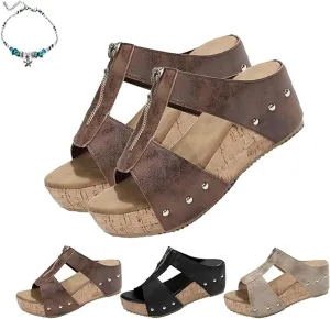 Orthopedic Zipper Thick Sole Wedge Slippers,Cork Wedges & Platform Slides,Wide Width Dressy Cork Wedges Sandals for Women (Brown,9)