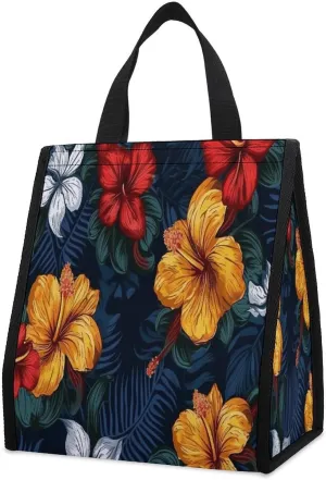 Outdoor Cooler Bags, Realistic Hawaiian Flowers Printed Cooler Bag, Insulated Tote Bag, Grocery Tote Bag