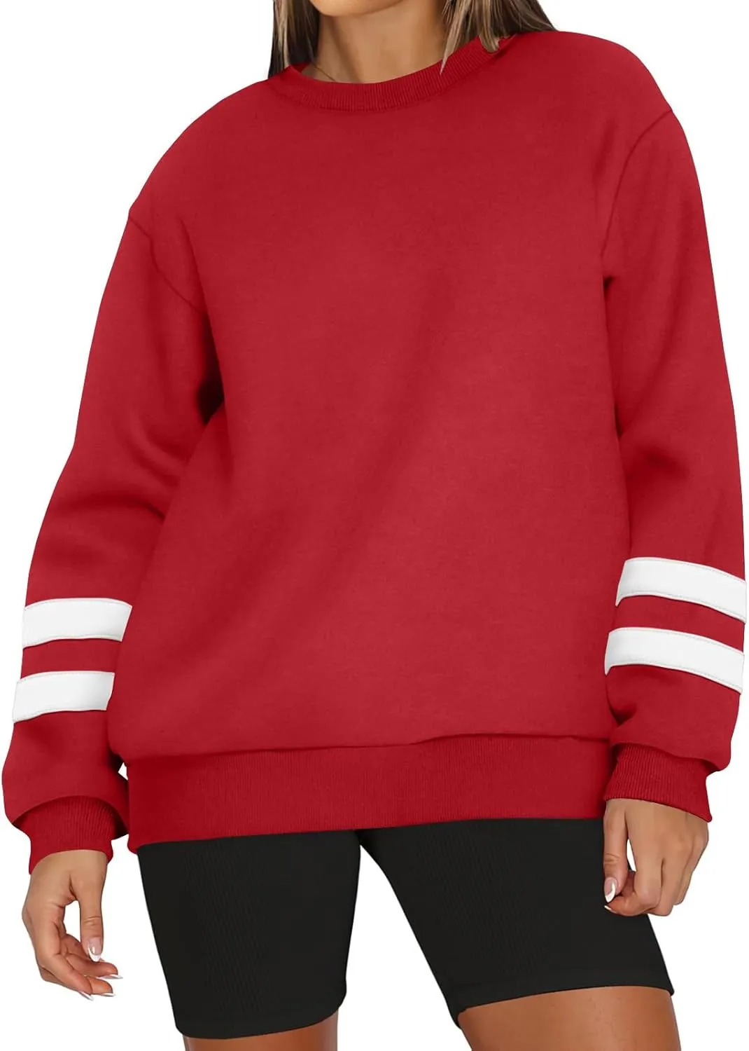 Oversized Crewneck Sweatshirt Women Fleece Pullover Sweaters Plus Size Cute Teen Preppy Striped Sweat Shirts Y2K Tops