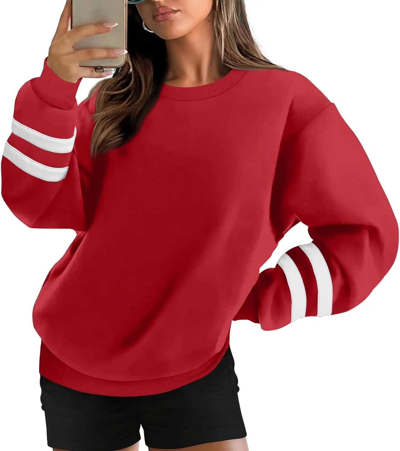 Oversized Crewneck Sweatshirt Women Fleece Pullover Sweaters Plus Size Cute Teen Preppy Striped Sweat Shirts Y2K Tops