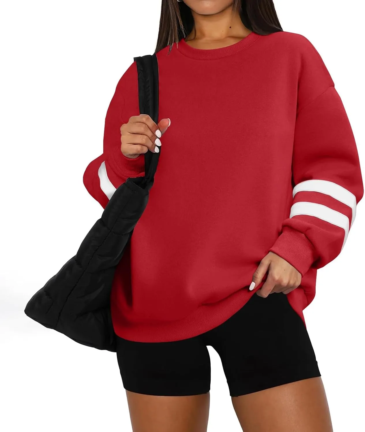 Oversized Crewneck Sweatshirt Women Fleece Pullover Sweaters Plus Size Cute Teen Preppy Striped Sweat Shirts Y2K Tops