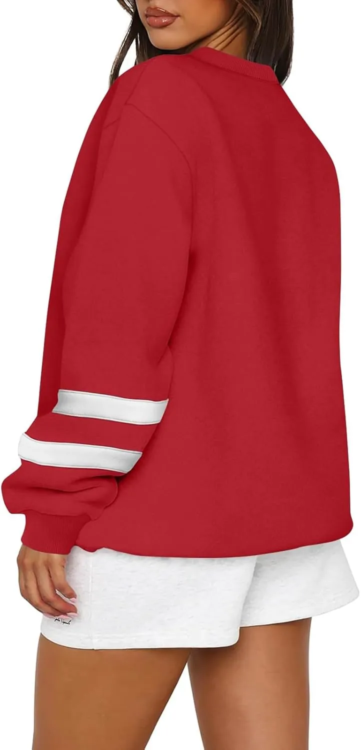Oversized Crewneck Sweatshirt Women Fleece Pullover Sweaters Plus Size Cute Teen Preppy Striped Sweat Shirts Y2K Tops