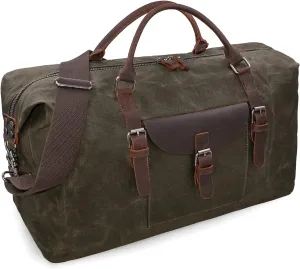 Oversized Travel Duffel Bag Waterproof Canvas Genuine Leather Weekend bag Weekender Overnight Carryon Hand Bag, Dark Brown