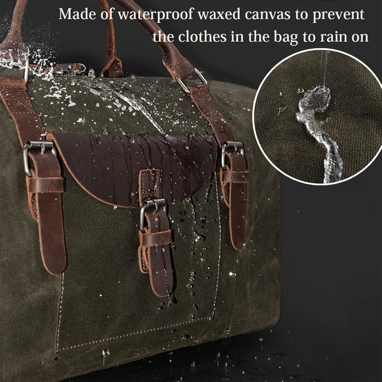 Oversized Travel Duffel Bag Waterproof Canvas Genuine Leather Weekend bag Weekender Overnight Carryon Hand Bag, Dark Brown
