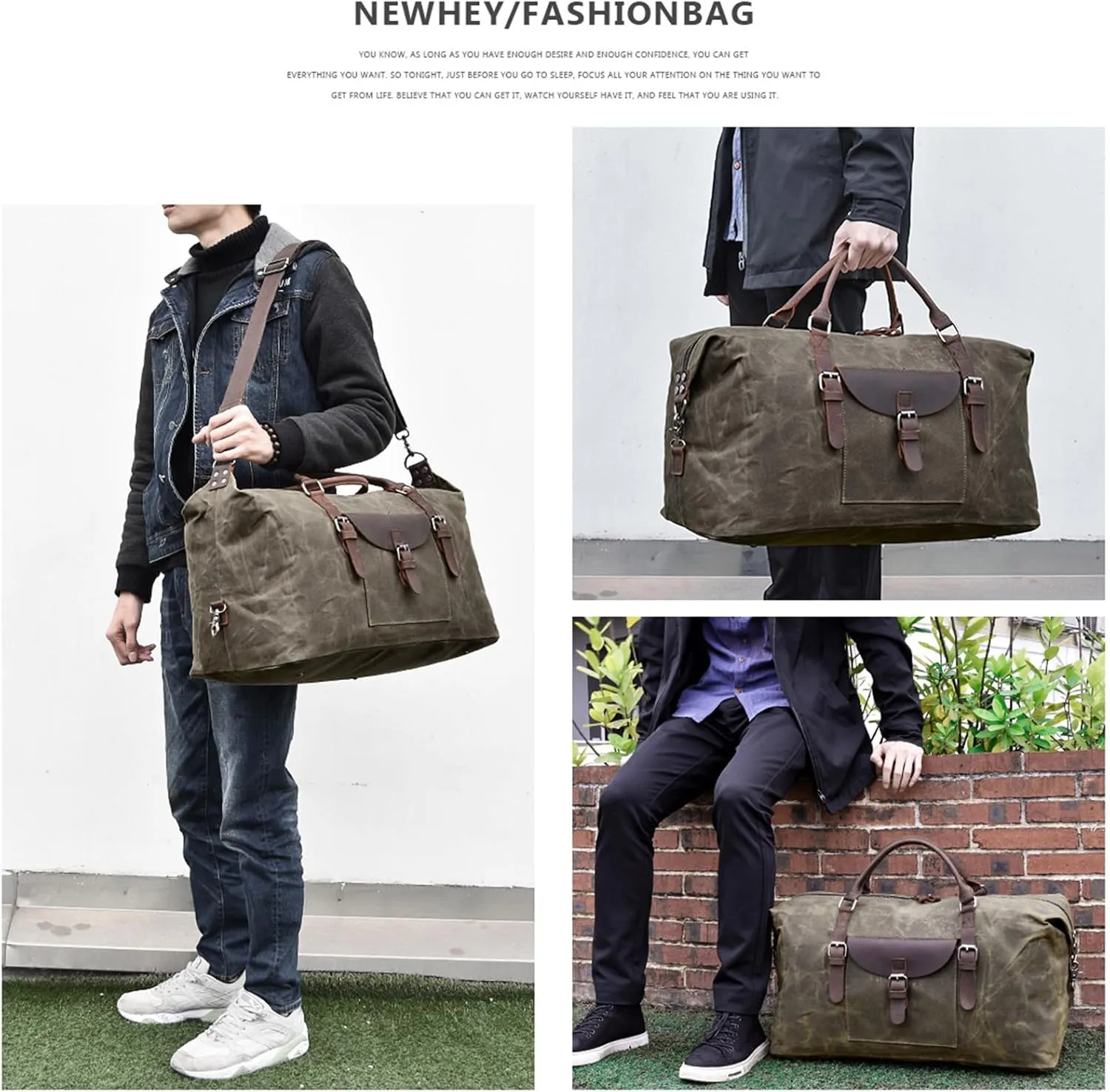 Oversized Travel Duffel Bag Waterproof Canvas Genuine Leather Weekend bag Weekender Overnight Carryon Hand Bag, Dark Brown