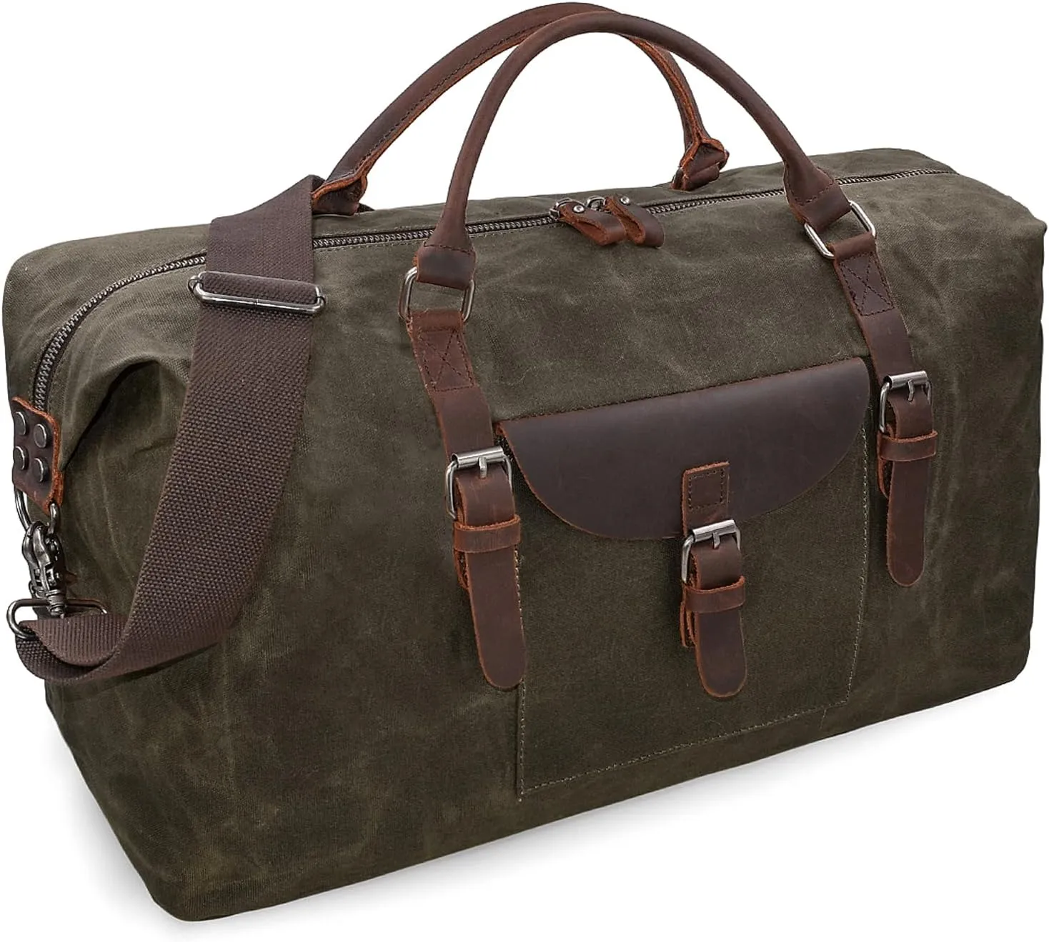 Oversized Travel Duffel Bag Waterproof Canvas Genuine Leather Weekend bag Weekender Overnight Carryon Hand Bag, Dark Brown