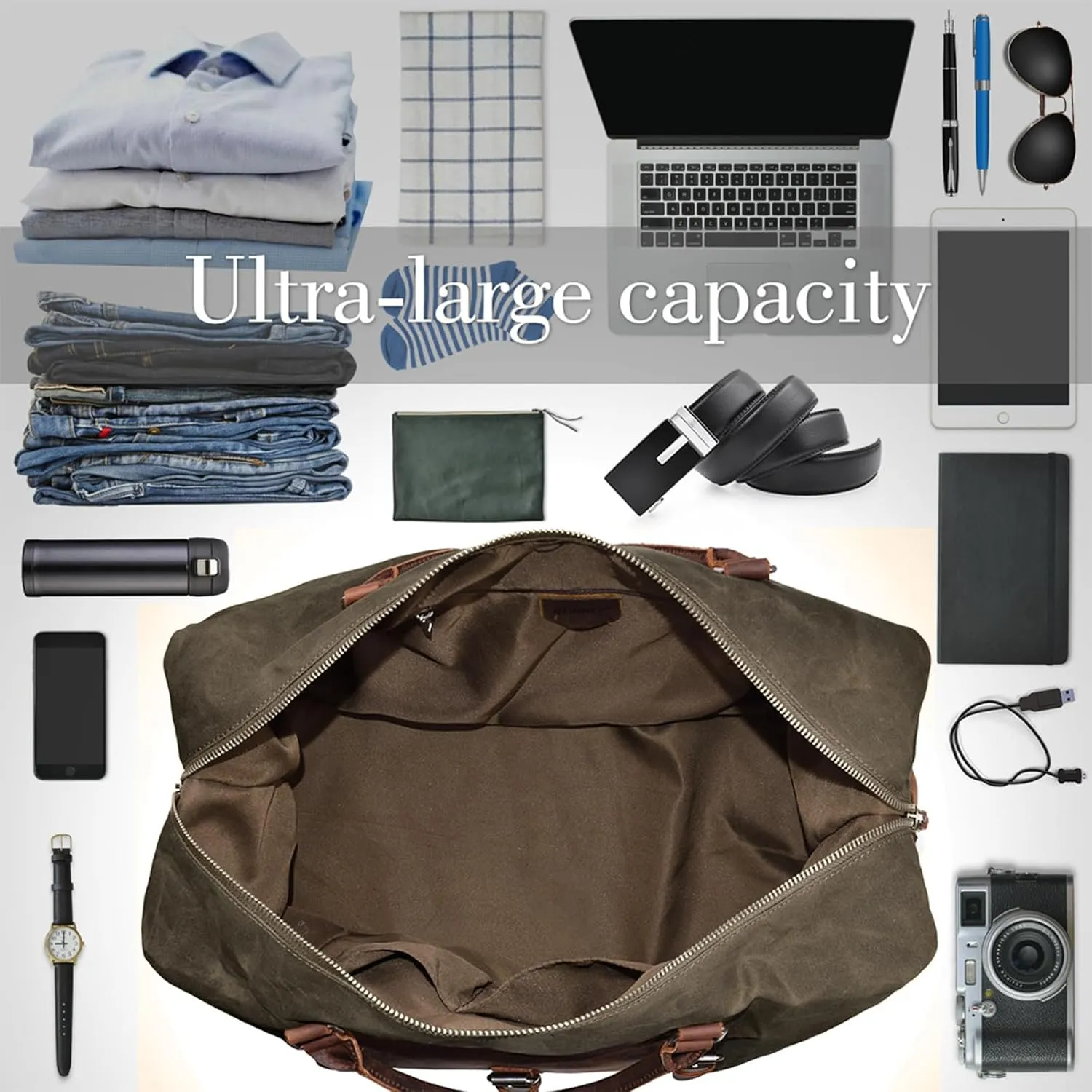 Oversized Travel Duffel Bag Waterproof Canvas Genuine Leather Weekend bag Weekender Overnight Carryon Hand Bag, Dark Brown