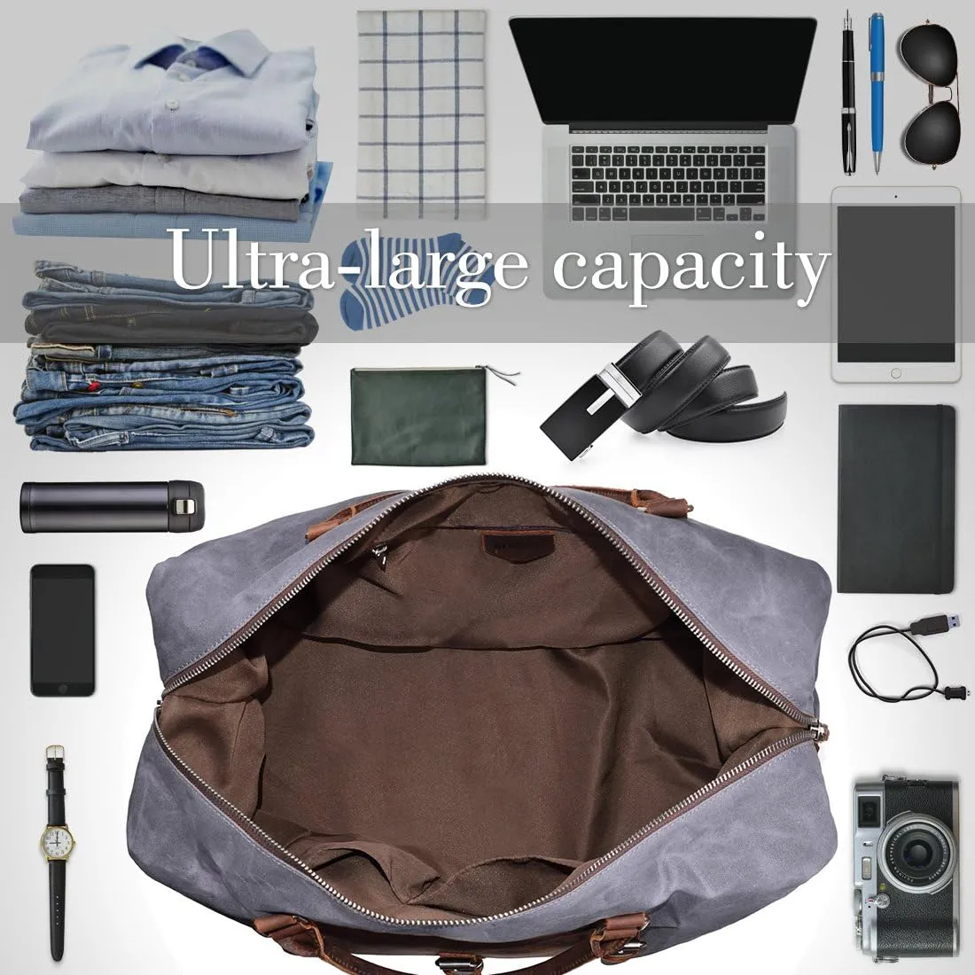 Oversized Travel Duffel Bag Waterproof Canvas Genuine Leather Weekend bag Weekender Overnight Carryon Hand Bag
