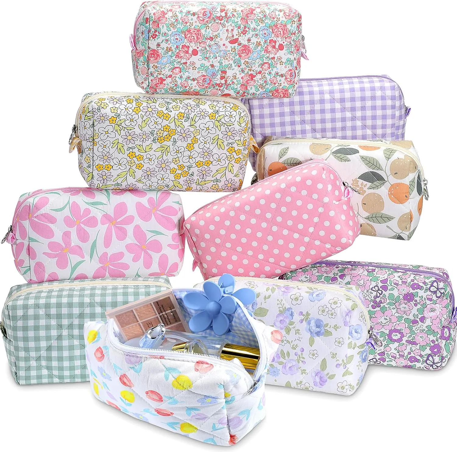 Paterr 10 Pcs Cotton Quilted Makeup Bag Bulk Floral Cosmetic Pouch Gingham Make up Bag Coquette Aesthetic Makeup Pouch with Zipper Travel Portable Case Preppy Gifts for Women(Fashion Style)