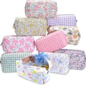 Paterr 10 Pcs Cotton Quilted Makeup Bag Bulk Floral Cosmetic Pouch Gingham Make up Bag Coquette Aesthetic Makeup Pouch with Zipper Travel Portable Case Preppy Gifts for Women(Fashion Style)