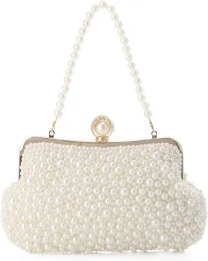 Pearl Clutch Purses for Women Beaded Evening Handbag With Chain for Wedding Party Prom Formal Events