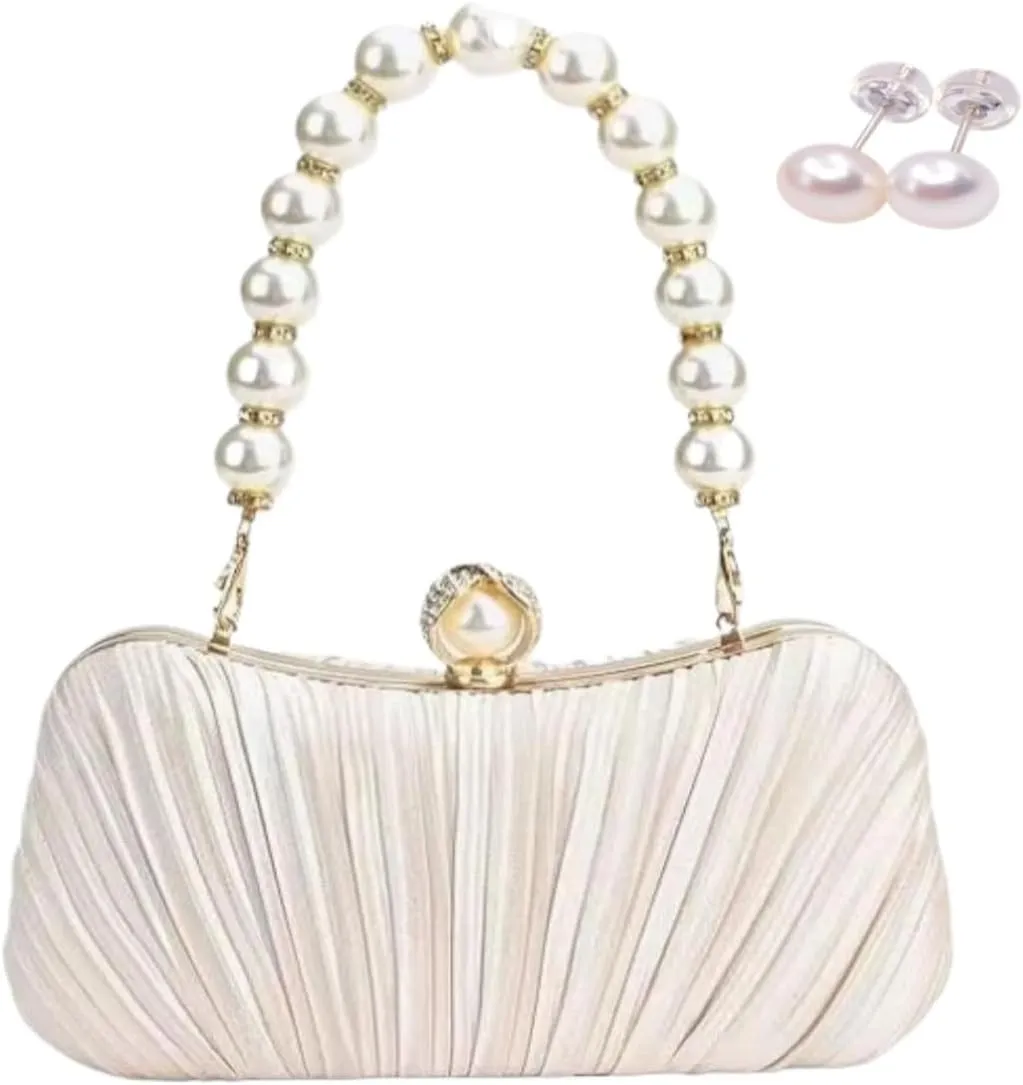 Pearl Evening Bag Elegant Small Clutch Purse Satin with Pearl Chain Shoulder Strap for Women