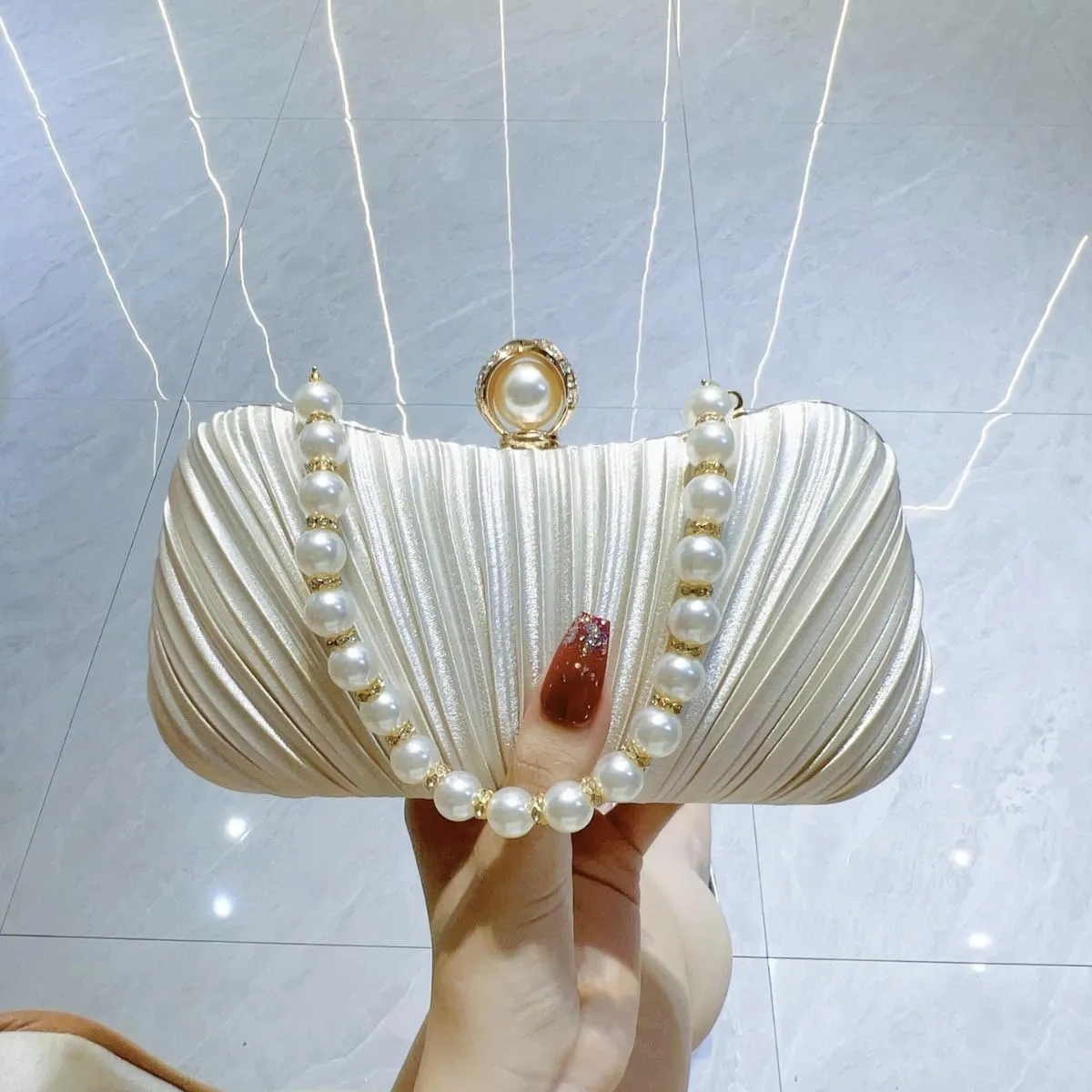 Pearl Evening Bag Elegant Small Clutch Purse Satin with Pearl Chain Shoulder Strap for Women