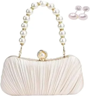 Pearl Evening Bag Elegant Small Clutch Purse Satin with Pearl Chain Shoulder Strap for Women