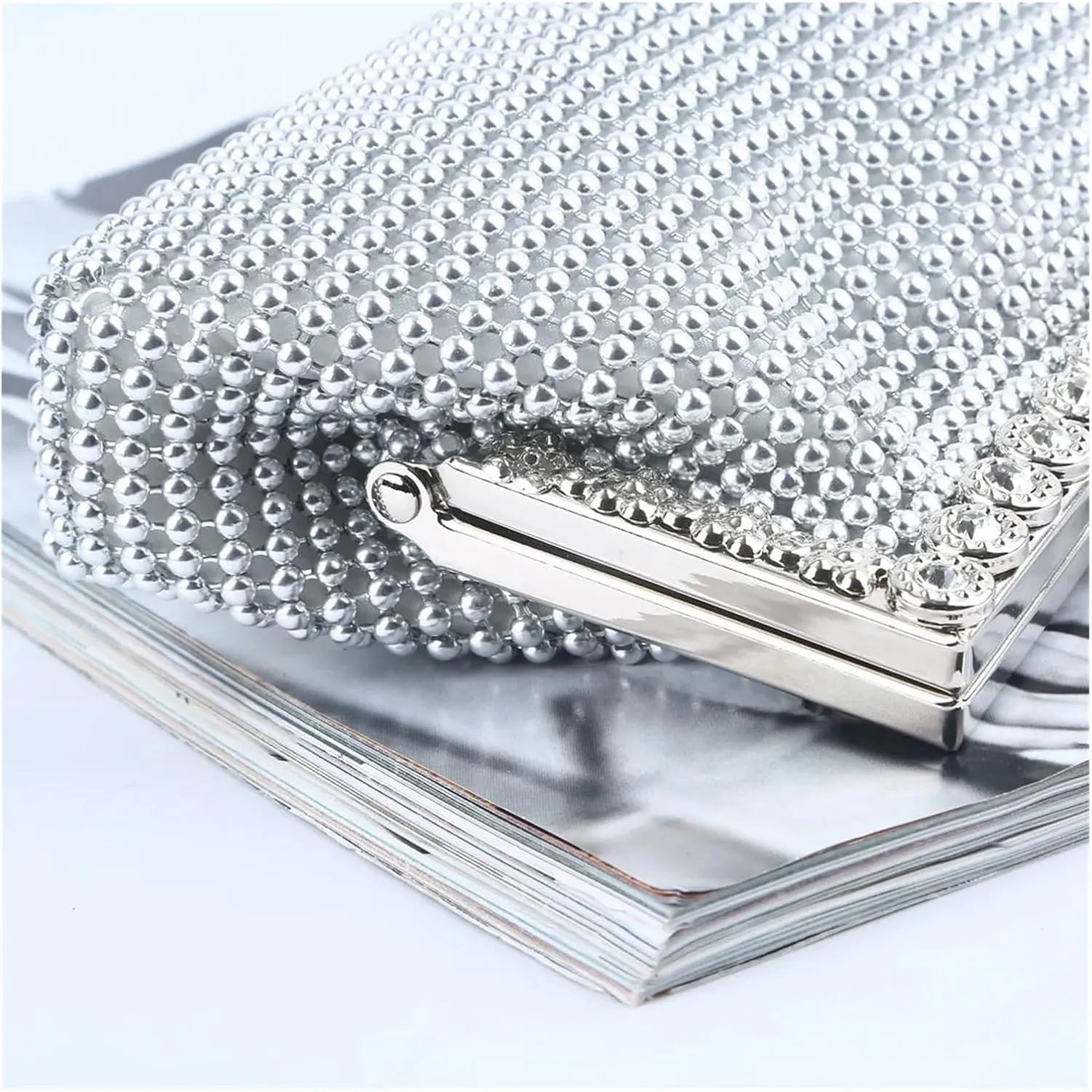 Pearl Evening Bag Evening Gold Clutch Bag Glitter Bead Elegant Woman Party Bags Vintage Bridal Purse Silver Handbags for Party Prom Wedding(Silver)