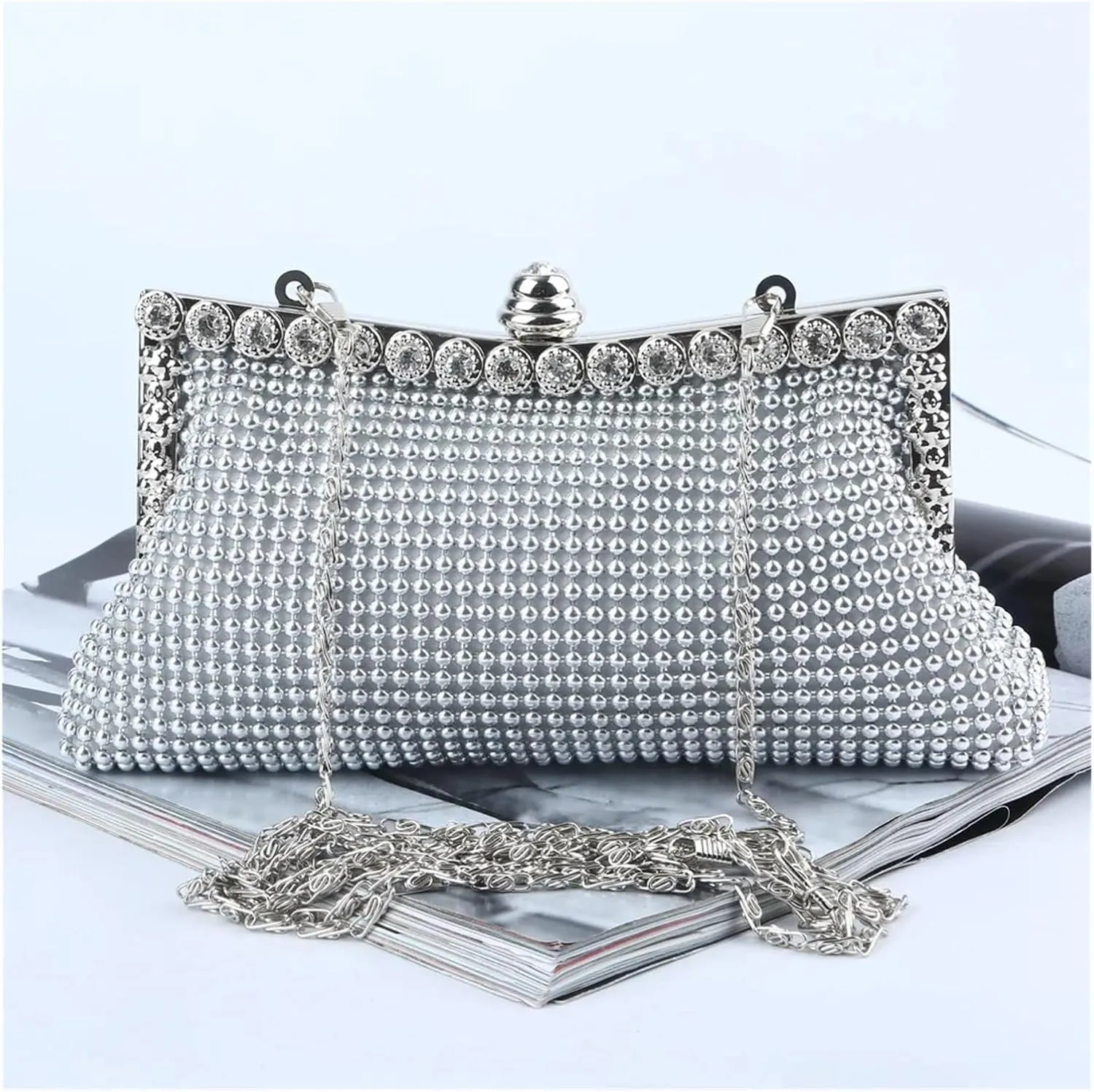 Pearl Evening Bag Evening Gold Clutch Bag Glitter Bead Elegant Woman Party Bags Vintage Bridal Purse Silver Handbags for Party Prom Wedding(Silver)