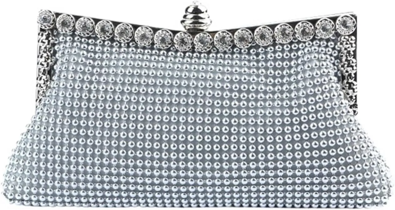 Pearl Evening Bag Evening Gold Clutch Bag Glitter Bead Elegant Woman Party Bags Vintage Bridal Purse Silver Handbags for Party Prom Wedding(Silver)